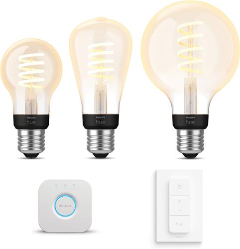 Philips Hue Starterspakket - E27 - met 3 Filament Lampen Mix - Warm tot Koelwit Licht - Incl. 1 Hue Bridge, 1 Hue Dimmer Switch - Hue White Ambiance Filament