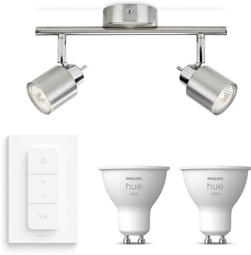 Philips Hue Meranti Opbouwspot (Mat Chroom) - Warmwit Licht - Incl. Hue Dimmer Switch - Plafondspot met 2 Lichtpunten - GU10 - Hue White