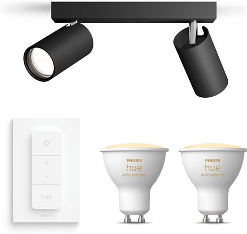 Philips Hue Idris Opbouwspot voor Badkamer (Zwart) - Badkamerlamp - Warm tot Koelwit Licht - Incl. Hue Dimmer Switch - Plafondspot met 2 Lichtpunten - GU10 - Hue White Ambiance
