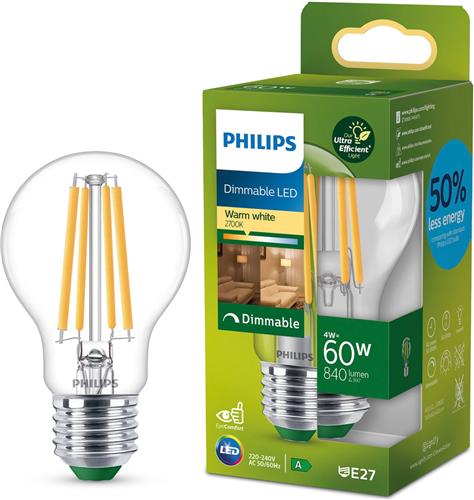 Philips Ultra Efficient LED lamp Transparant - 60 W - E27 - Dimbaar warmwit licht - Energielabel A