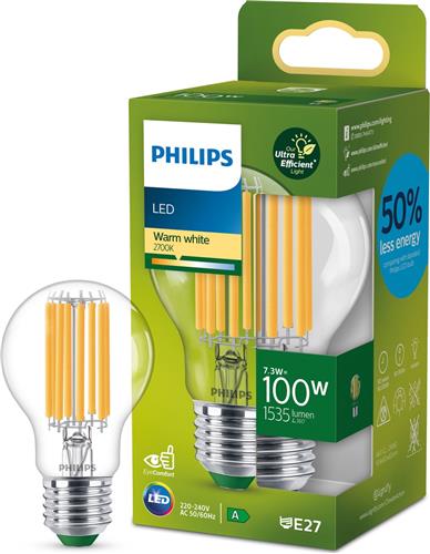 Philips Ultra Efficient LED lamp Transparant - 100 W - E27 - Warmwit licht