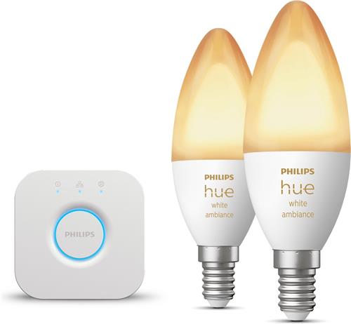 Philips Hue Starterspakket - E14 - met 2 Kaarslampen - Warm tot Koelwit Licht - Incl. 1 Hue Bridge - Hue White Ambiance
