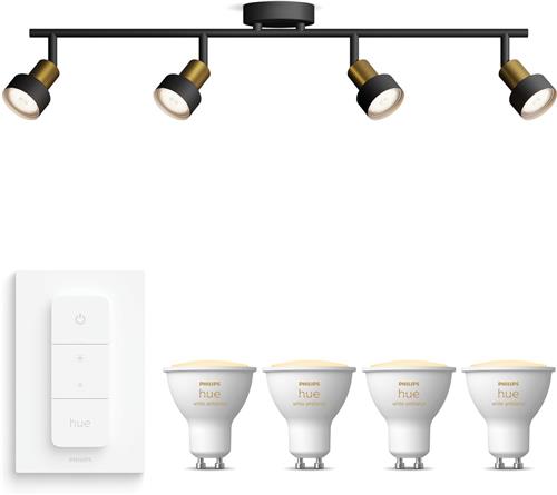 Philips Hue Conduit Opbouwspot (Zwart/Goud) - Warm tot Koelwit Licht - Incl. Hue Dimmer Switch - Plafondspot met 4 Lichtpunten - GU10 - Hue White Ambiance