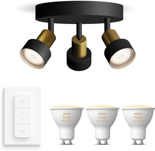 Philips Hue Conduit Opbouwspot (Zwart/Goud) - Warm tot Koelwit Licht - Incl. Hue Dimmer Switch - Plafondspot met 3 Lichtpunten - GU10 - Hue White Ambiance