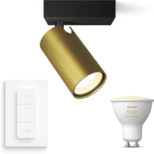 Philips Hue Idris Opbouwspot voor Badkamer (Zwart/Goud) - Badkamerrlamp - Warm tot Koelwit Licht - Incl. Hue Dimmer Switch - Wandspot of Plafondspot met 1 Lichtpunt - GU10 - Hue White Ambiance