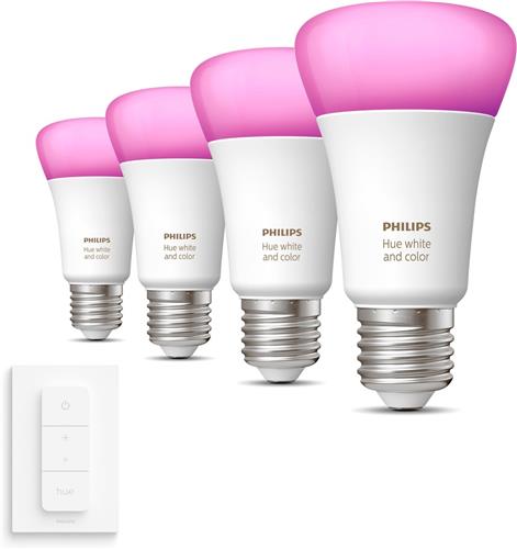 Philips Hue Uitbreidingspakket - E27 - met 4 Standaard Lampen - Wit en Gekleurd Licht - Incl. 1 Hue Dimmer Switch - Hue White and Color Ambiance