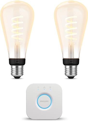 Philips Hue Starterspakket - E27 - met 2 Filament Edisonlampen Groot (ST72) - Warm tot Koelwit Licht - Incl. 1 Hue Bridge - Hue White Ambiance Filament