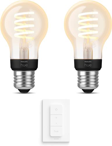 Philips Hue Uitbreidingspakket - E27 - met 2 Filament Standaard Lampen (A60) - Warmwit Licht - Incl. 1 Hue Dimmer Switch - Hue White Filament