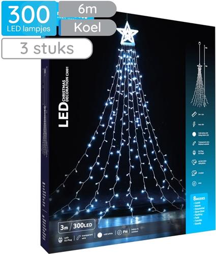 Modee Lichtsnoer Kerstboom met Ster 3 Meter - Kerstverlichting voor Buiten en Binnen - 300 LED Lampjes - 8 Lichtstanden - IP44 - 10.000K - Koud Wit Licht - 3 stuks