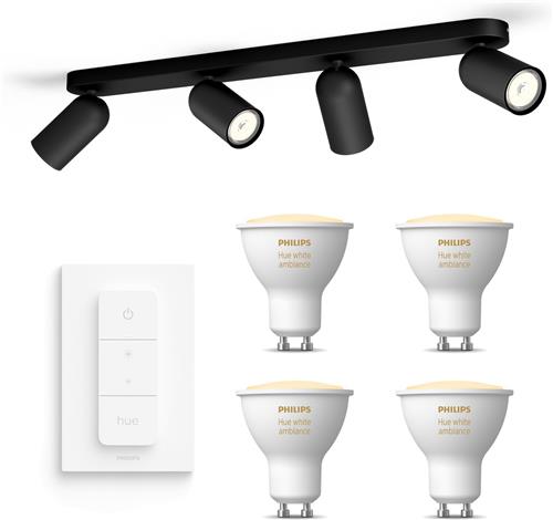 Philips Hue Pongee Opbouwspot (Zwart) - Warm tot Koelwit Licht - Incl. Hue Dimmer Switch - Plafondspot met 4 Lichtpunten - GU10 - Hue White Ambiance