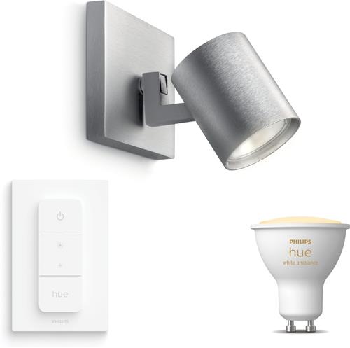 Philips Hue Runner Opbouwspot (Aluminium) - Warm tot Koelwit Licht - Incl. Hue Dimmer Switch - Wandspot of Plafondspot met 1 Lichtpunt - GU10 - Hue White Ambiance