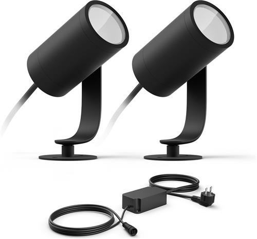 Philips Hue Lily Basisset van 2 Tuinspots (Antraciet) - Wit en Gekleurd Licht - Incl. 1 Voedingskabel - Tuinverlichting - Hue White and Color Ambiance