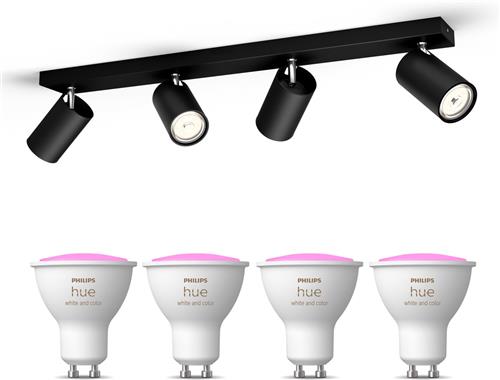 Philips Hue Kosipo Opbouwspot (Zwart) - Wit en Gekleurd Licht - Plafondspot met 4 Lichtpunten - GU10 - Hue White and Color Ambiance