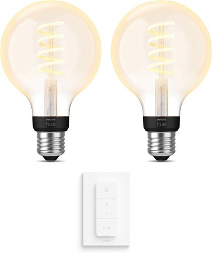 Philips Hue Uitbreidingspakket - E27 - met 2 Filament Globelampen Klein (G93) - Warm tot Koelwit Licht - Incl. 1 Hue Dimmer Switch - Hue White Ambiance Filament