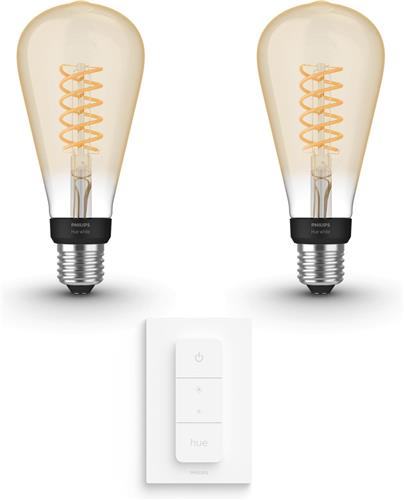 Philips Hue Uitbreidingspakket - E27 - met 2 Filament Edisonlampen Groot (ST72) - Warmwit Licht - Incl. 1 Hue Dimmer Switch - Hue White Filament