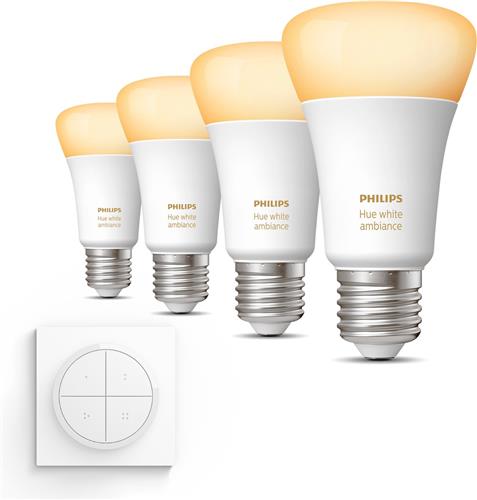 Philips Hue Uitbreidingspakket - E27 - met 4 Standaard Lampen - Warm tot Koelwit Licht - Incl. 1 Hue Dial Switch (Wit) - Hue White Ambiance