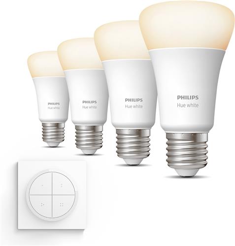 Philips Hue Uitbreidingspakket - E27 - met 4 Standaard Lampen - Warmwit Licht - Incl. 1 Hue Dial Switch (Wit) - Hue White