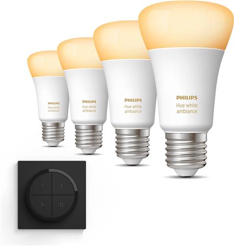 Philips Hue Uitbreidingspakket - E27 - met 4 Standaard Lampen - Warm tot Koelwit Licht - Incl. 1 Hue Dial Switch (Zwart) - Hue White Ambiance