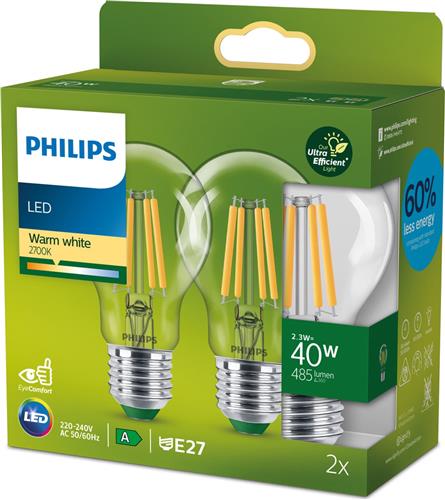 Philips Ultra Efficient LED lamp Transparant - 40 W - E27 - Warmwit licht - 2-pack