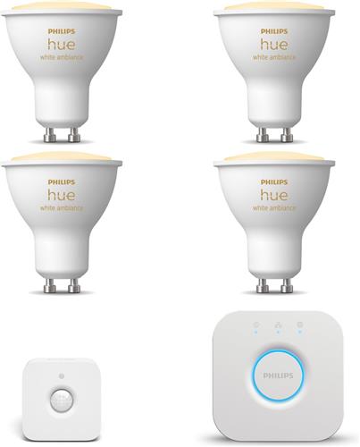 Philips Hue Starterspakket - GU10 - met 4 Spotjes - Warm tot Koelwit Licht - Incl. 1 Hue Bridge, 1 Hue Bewegingssensor voor Binnen - Hue White Ambiance