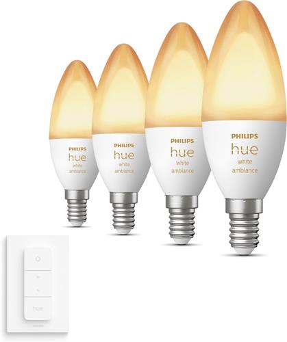 Philips Hue Uitbreidingspakket - E14 - met 4 Kaarslampen - Warm tot Koelwit Licht - Incl. 1 Hue Dimmer Switch - Hue White Ambiance