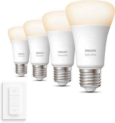 Philips Hue Uitbreidingspakket - E27 - met 4 Standaard Lampen - Warmwit Licht - Incl. 1 Hue Dimmer Switch - Hue White