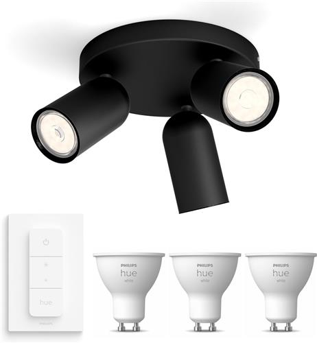 Philips Hue Pongee Opbouwspot (Zwart) - Warmwit Licht - Incl. Hue Dimmer Switch - Plafondspot met 3 Lichtpunten - GU10 - Hue White
