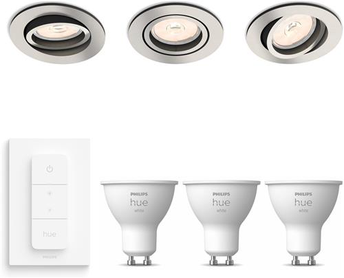 Philips Donegal Inbouwspots met Philips Hue White GU10 & Dimmer Switch - Warm Wit Licht - Dimbaar - Spotjes Inbouw - 3 stuks -Nikkel