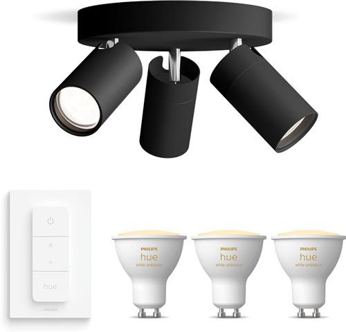 Philips Hue Idris Opbouwspot voor Badkamer (Zwart) - Badkamerlamp - Warm tot Koelwit Licht - Incl. Hue Dimmer Switch - Plafondspot met 3 Lichtpunten - GU10 - Hue White Ambiance