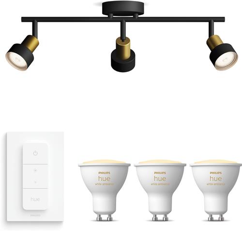 Philips Hue Conduit Opbouwspot (Zwart/Goud) - Warm tot Koelwit Licht - Incl. Hue Dimmer Switch - Plafondspot met 3 Lichtpunten - GU10 - Hue White Ambiance