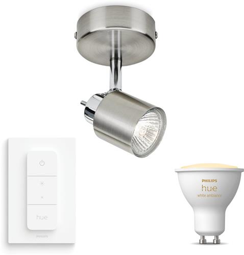 Philips Hue Meranti Opbouwspot (Mat Chroom) - Warm tot Koelwit Licht - Incl. Hue Dimmer Switch - Wandspot of Plafondspot met 1 Lichtpunt - GU10 - Hue White Ambiance