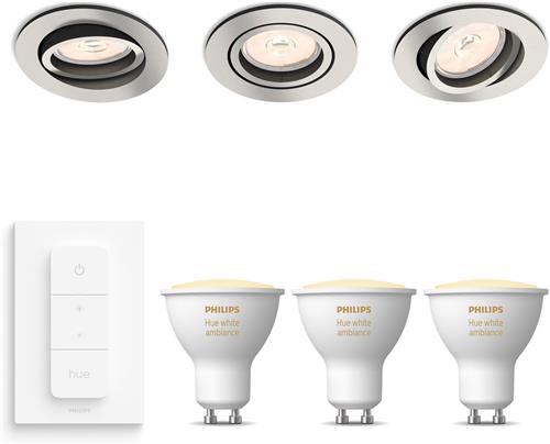 Philips Hue Donegal Set van 3 Inbouwspots (Mat Chroom) - Rond - GU10 - Warm tot Koelwit Licht - Incl. Hue Dimmer Switch - Hue White Ambiance