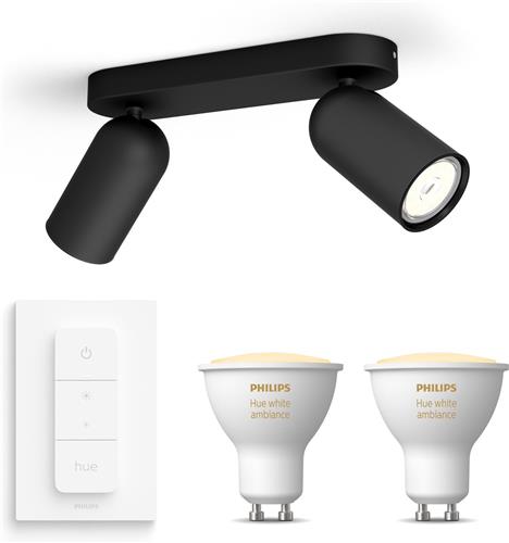 Philips Hue Pongee Opbouwspot (Zwart) - Warm tot Koelwit Licht - Incl. Hue Dimmer Switch - Plafondspot met 2 Lichtpunten - GU10 - Hue White Ambiance