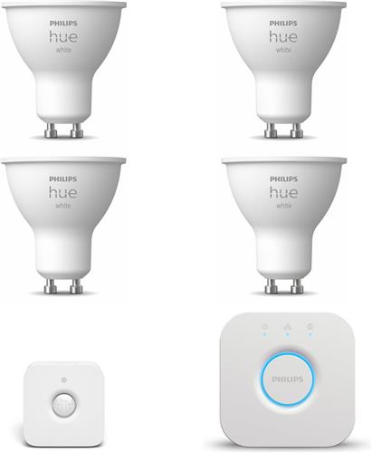 Philips Hue Starterspakket - GU10 - met 4 Spotjes - Warmwit Licht - Incl. 1 Hue Bridge, 1 Hue Bewegingssensor voor Binnen - Hue White