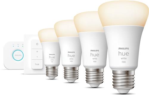 Philips Hue Starterspakket - E27 - met 4 Standaard Lampen - Warmwit Licht - Incl. 1 Hue Bridge, 1 Hue Dimmer Switch - Hue White