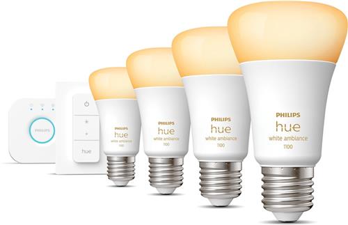 Philips Hue Starterspakket - E27 - met 4 Standaard Lampen - Warm tot Koelwit Licht - Incl. 1 Hue Bridge, 1 Hue Dimmer Switch - Hue White Ambiance