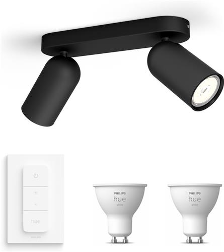 Philips Hue Pongee Opbouwspot (Zwart) - Warmwit Licht - Incl. Hue Dimmer Switch - Plafondspot met 2 Lichtpunten - GU10 - Hue White