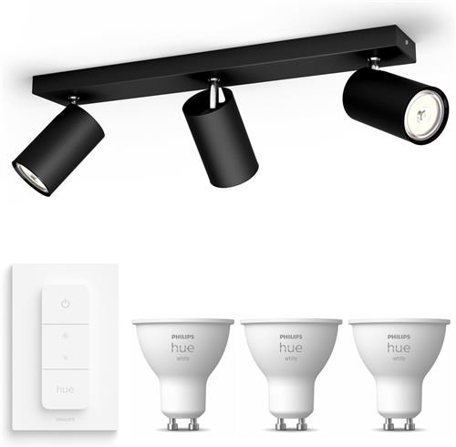 Philips Hue Kosipo Opbouwspot (Zwart) - Warmwit Licht - Incl. Hue Dimmer Switch - Plafondspot met 3 Lichtpunten - GU10 - Hue White