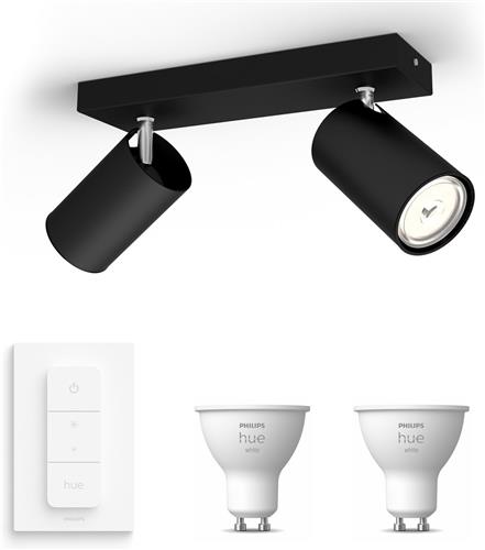 Philips Hue Kosipo Opbouwspot (Zwart) - Warmwit Licht - Incl. Hue Dimmer Switch - Plafondspot met 2 Lichtpunten - GU10 - Hue White