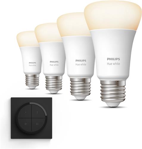 Philips Hue Uitbreidingspakket - E27 - met 4 Standaard Lampen - Warmwit Licht - Incl. 1 Hue Dial Switch (Zwart) - Hue White