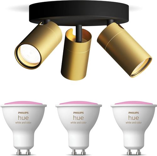 Philips Hue Idris Opbouwspot voor Badkamer (Zwart/Goud) - Badkamerlamp - Wit en Gekleurd Licht - Plafondspot met 3 Lichtpunten - GU10 - Hue White and Color Ambiance