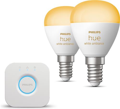 Philips Hue Starterspakket - E14 - met 2 Kogellampen - Warm tot Koelwit Licht - Incl. 1 Hue Bridge - Hue White Ambiance