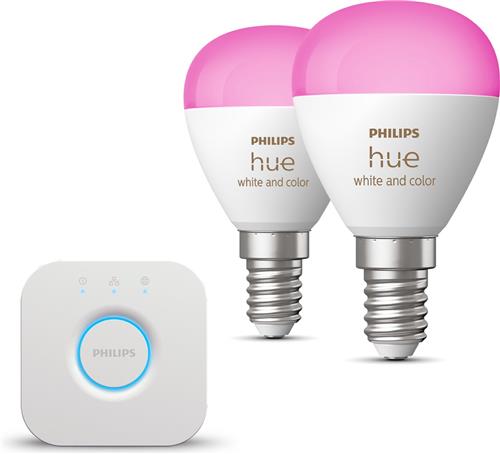 Philips Hue Starterspakket - E14 - met 2 Kogellampen - Wit en Gekleurd Licht - Incl. 1 Hue Bridge - Hue White and Color Ambiance