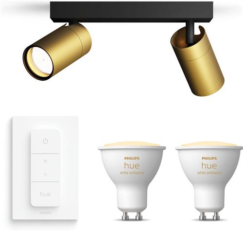 Philips Hue Idris Opbouwspot voor Badkamer (Zwart/Goud) - Badkamerlamp - Warm tot Koelwit Licht - Incl. Hue Dimmer Switch - Plafondspot met 2 Lichtpunten - GU10 - Hue White Ambiance