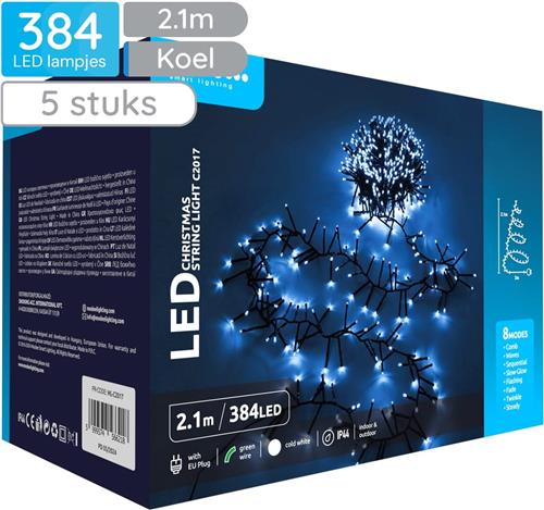 Modee Lichtsnoer Kerst 2.1 Meter - Kerstverlichting voor Buiten en Binnen - 384 LED Lampjes - 8 Lichtstanden - IP44 - 10.000K - Koud Wit Licht - 5 stuks