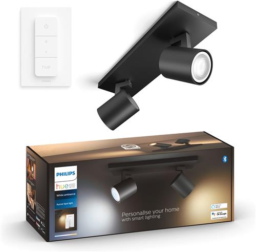 Philips Hue Runner opbouwspot - warm- tot koelwit licht - 2 spots- zwart - 1 dimmer switch - GU10