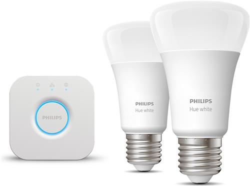 Philips Hue Starterspakket - E27 - met 2 Standaard Lampen - Warmwit Licht - Incl. 1 Hue Bridge - Hue White