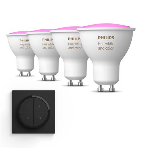 Philips Hue Uitbreidingspakket - GU10 - met 4 Spotjes - Wit en Gekleurd Licht - Incl. 1 Hue Dial Switch (Zwart) - Hue White and Color Ambiance