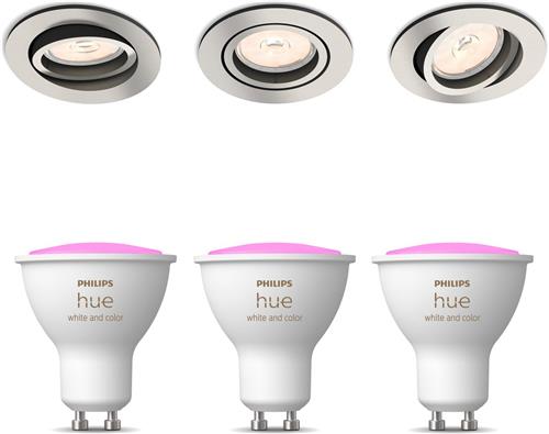Philips Hue Donegal Set van 3 Inbouwspots (Mat Chroom) - Rond - GU10 - Wit en Gekleurd Licht - Hue White and Color Ambiance
