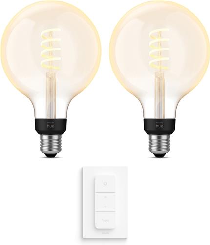 Philips Hue Uitbreidingspakket - E27 - met 2 Filament Globelampen Groot (G125) - Warm tot Koelwit Licht - Incl. 1 Hue Dimmer Switch - Hue White Ambiance Filament